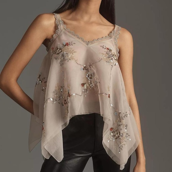 Anthropologie ‘Let Me Be Embellished’ Hanky Hem Floral Lace Sequins Blouse- S/M - Picture 7 of 8